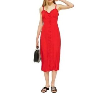 Topshop Red Midi Tank Dress Ruffle Detail Button Down Sweetheart Neckline